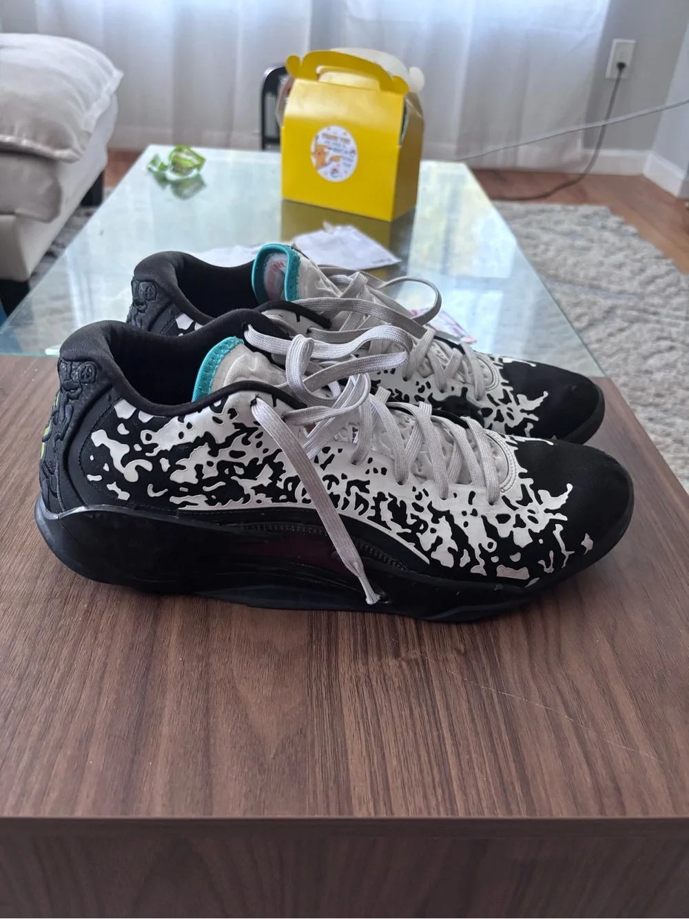 Jordan Men's Black & White Patterned Sneakers with Pink Insole and Teal Accent